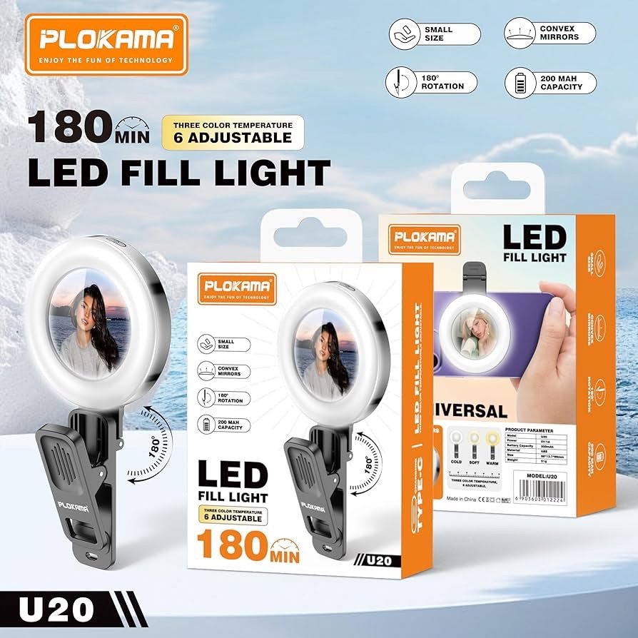 Plokama LED Fill Light U20 – إضاءة احترافية للسيلفي وصناعة المحتوى - الصورة 6